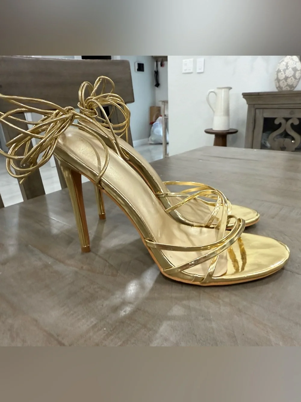 PrettyLittleThing Gold Metallic Strappy Lace-Up Stiletto Heels US 9